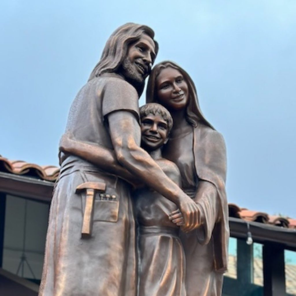 Close-up of the Heart of a Happy Family Catholic church sculpture showing Joseph, Mary, and Jesus