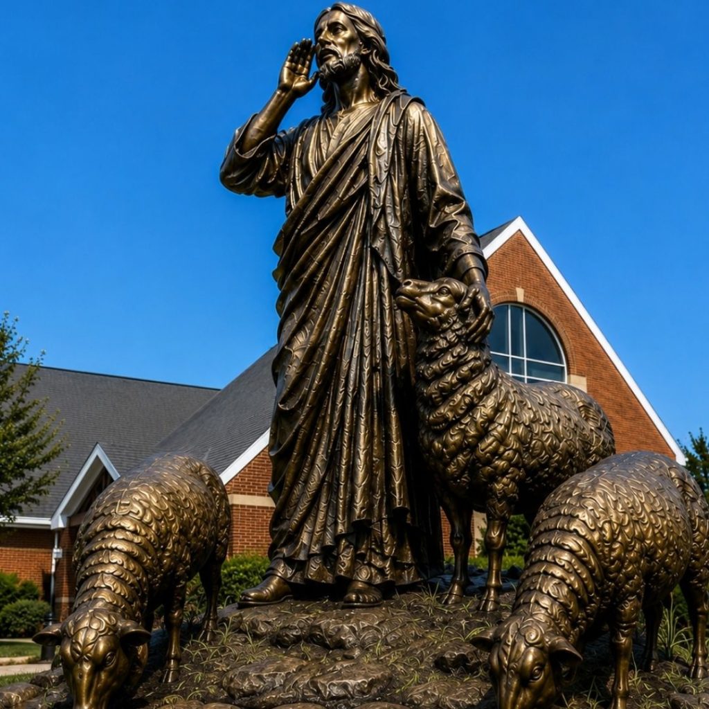 Christ the Good Shepherd calling His flock in bronze Catholic sacred art