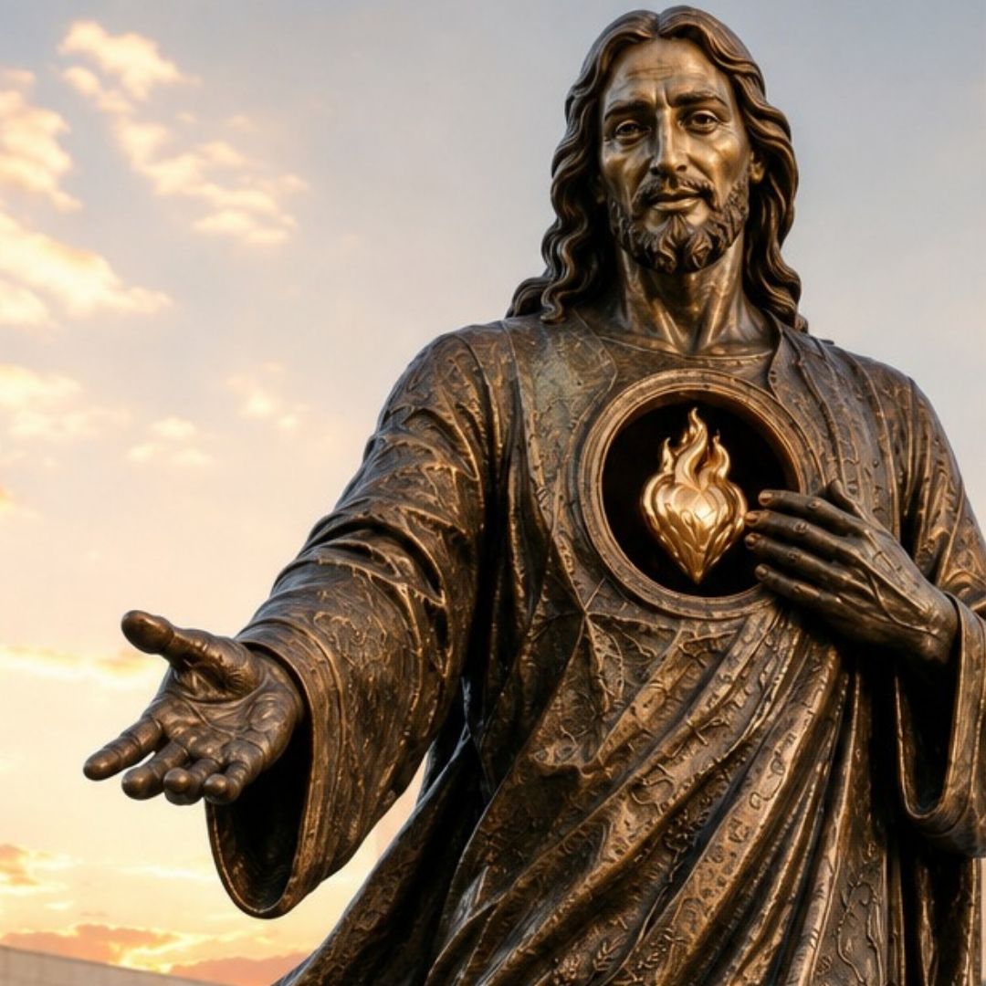 Sacred Heart of Jesus with outstretched welcoming hand in Catholic sacred sculpture