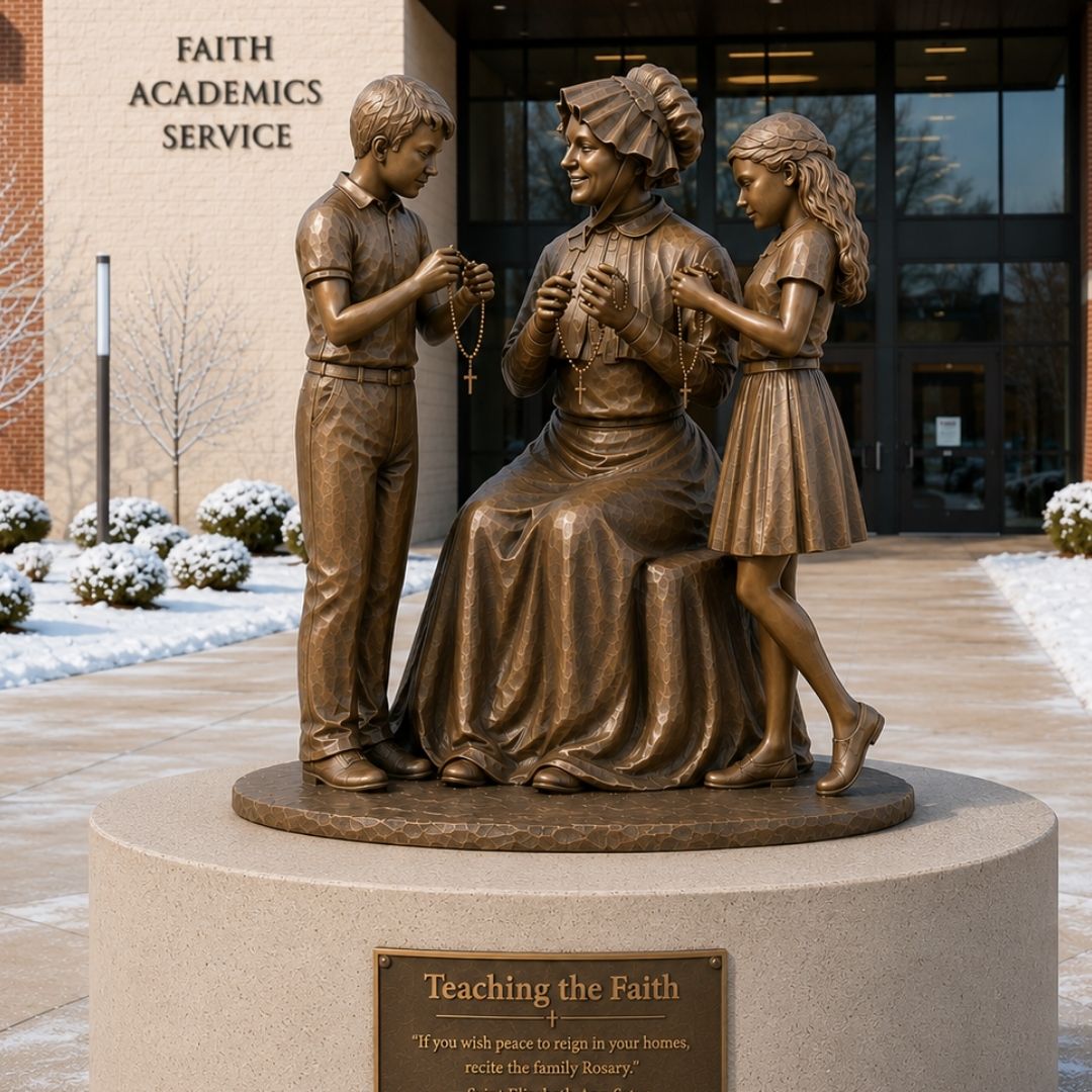 St. Elizabeth Ann Seton sculpture at the entrance to a Catholic school
