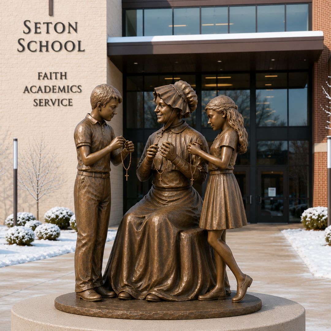 St. Elizabeth Ann Seton teaching children the Rosary in a Catholic school sculpture
