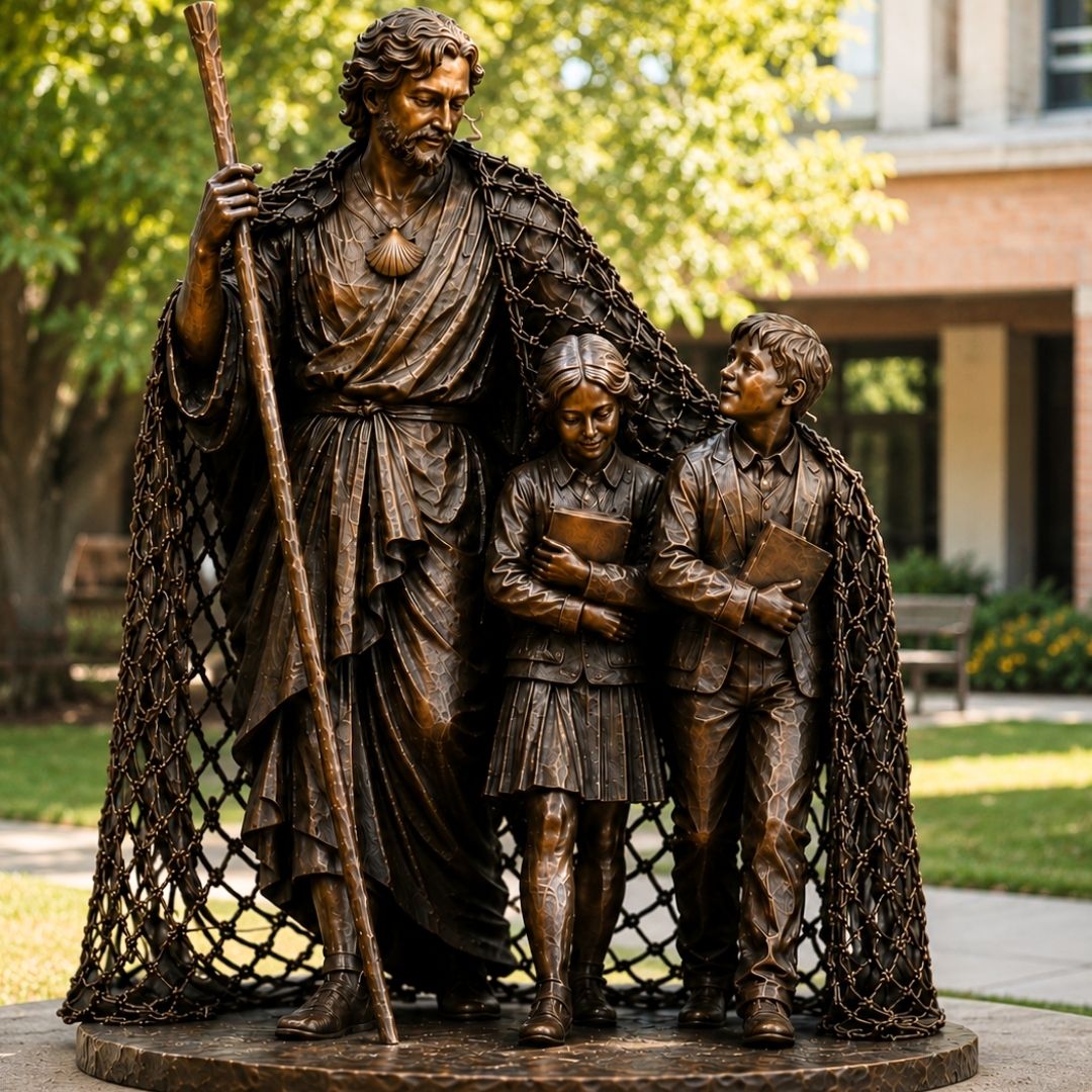 St. James the Apostle patron saint sculpture with children gathered within his fishing net