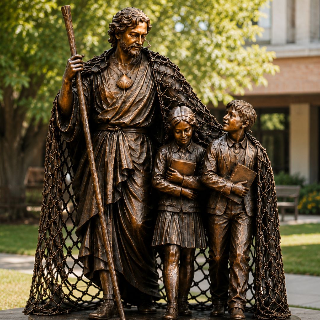 St. James the Greater sculpture at a Catholic school representing patronage and intercession