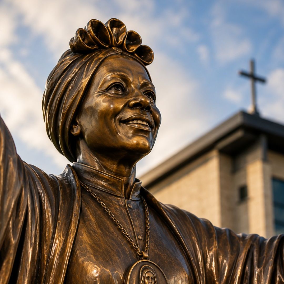 St. Josephine Bakhita bronze sculpture with broken chains, cross and lily symbolizing freedom in Christ