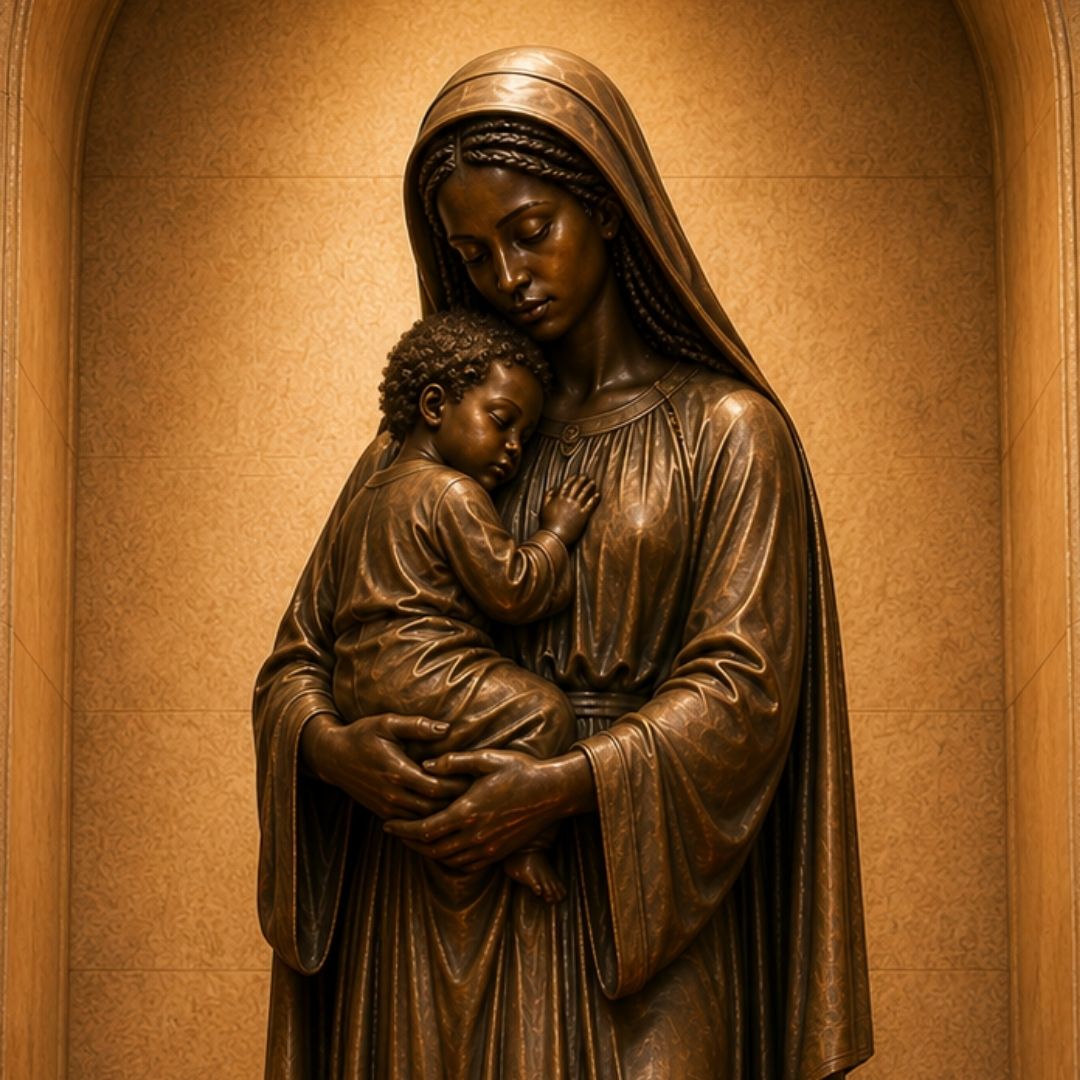 African American Madonna and Child sculpture representing Mary and Jesus in Catholic sacred art