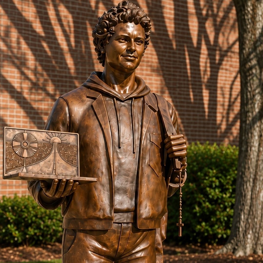 Saint Carlo Acutis sculpture with laptop and Rosary at a Catholic school