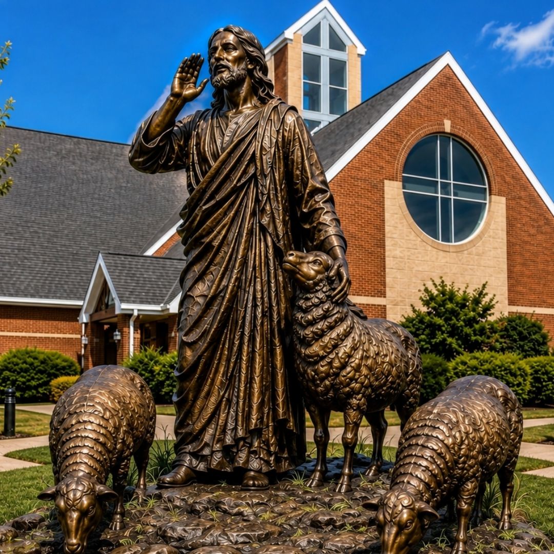 Good Shepherd sculpture with Christ raising his hand among bronze sheep outside a Catholic school church