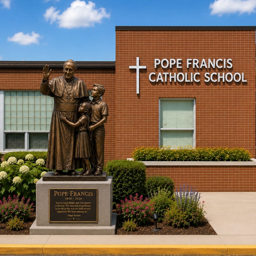 Pope Francis sculpture installed at a Catholic school