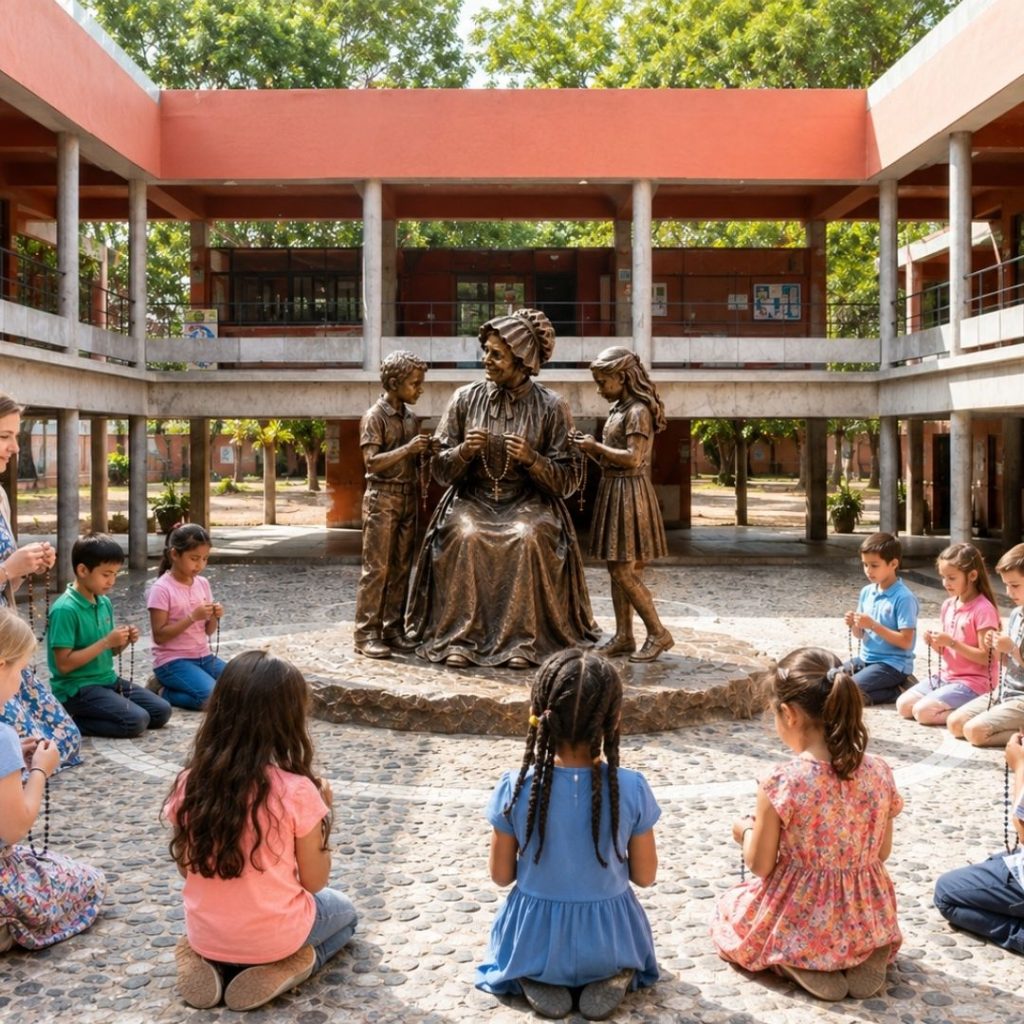 Catholic school teacher leading students in prayer beside sacred art