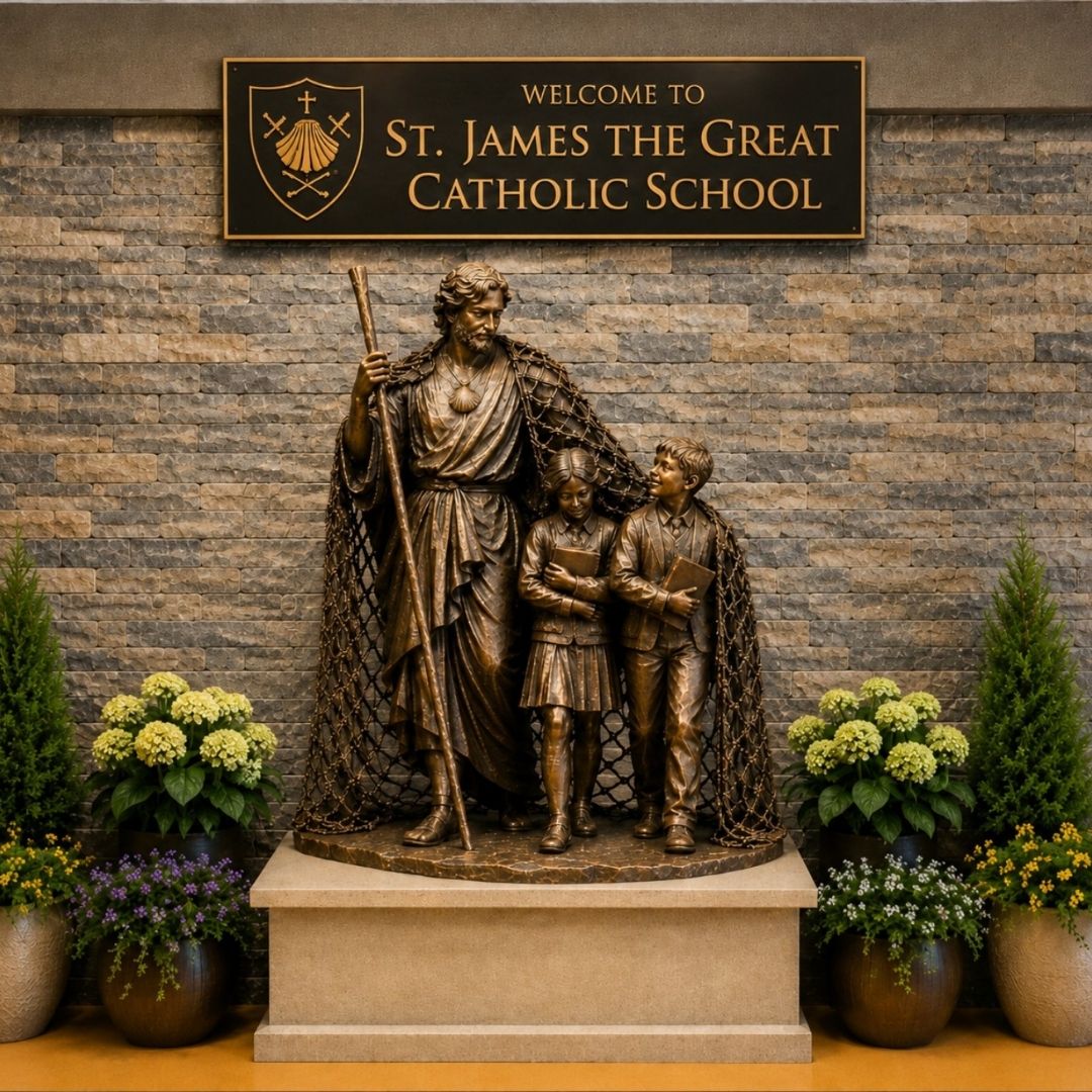 St. James the Apostle sculpture with Catholic school children gathered within his fishing net