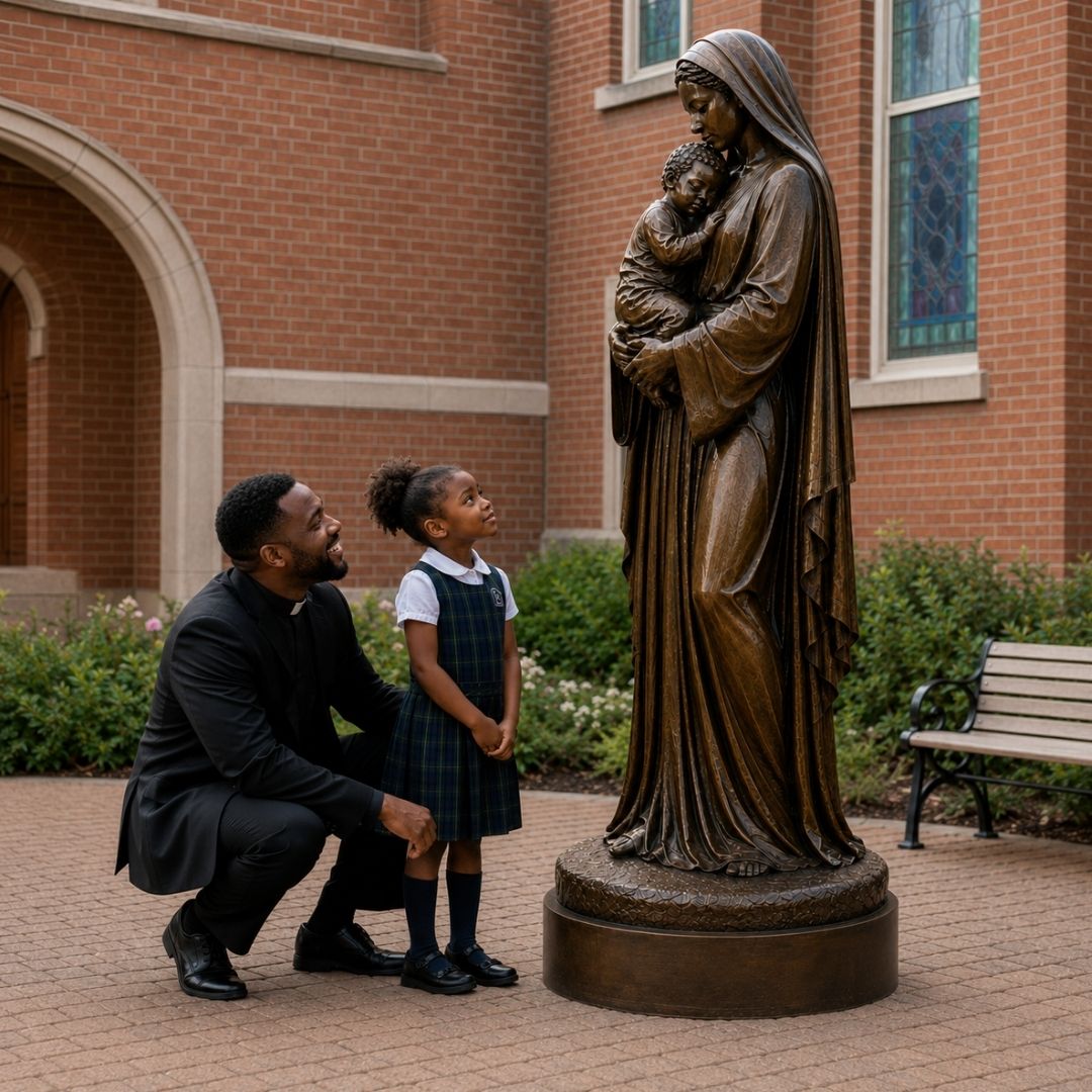 Catholic school student and priest praying quietly beside sacred art on campus